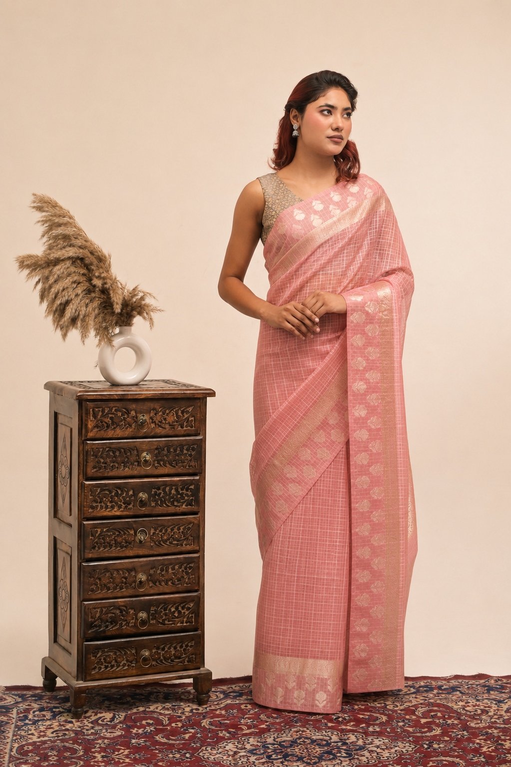 Elegant Check Pattern Mauve Pink Banarasi Kora Saree with Blouse