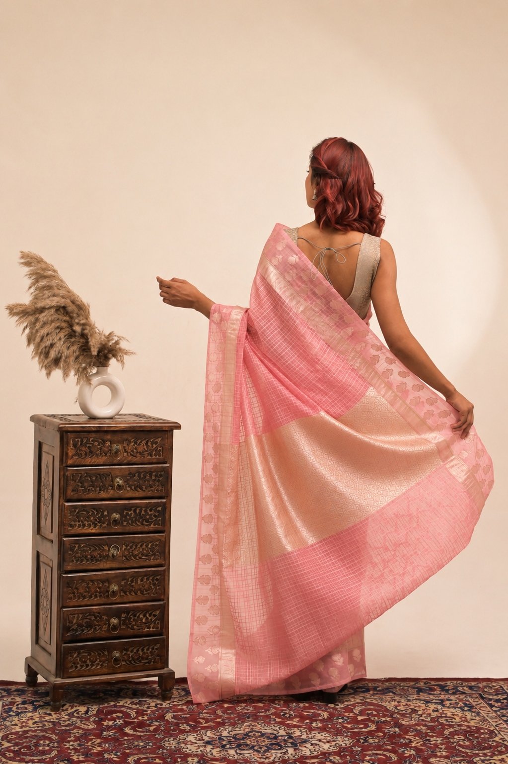 Elegant Check Pattern Mauve Pink Banarasi Kora Saree with Blouse