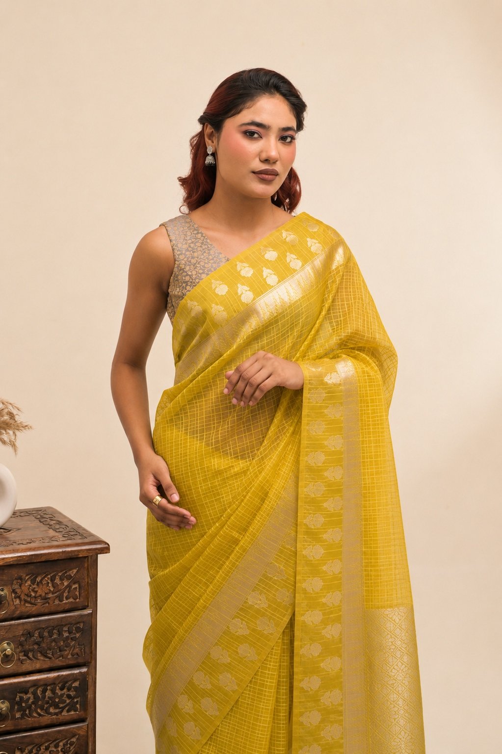 Elegant Check Pattern Mustard Yellow  Banarasi Kora Saree with Blouse