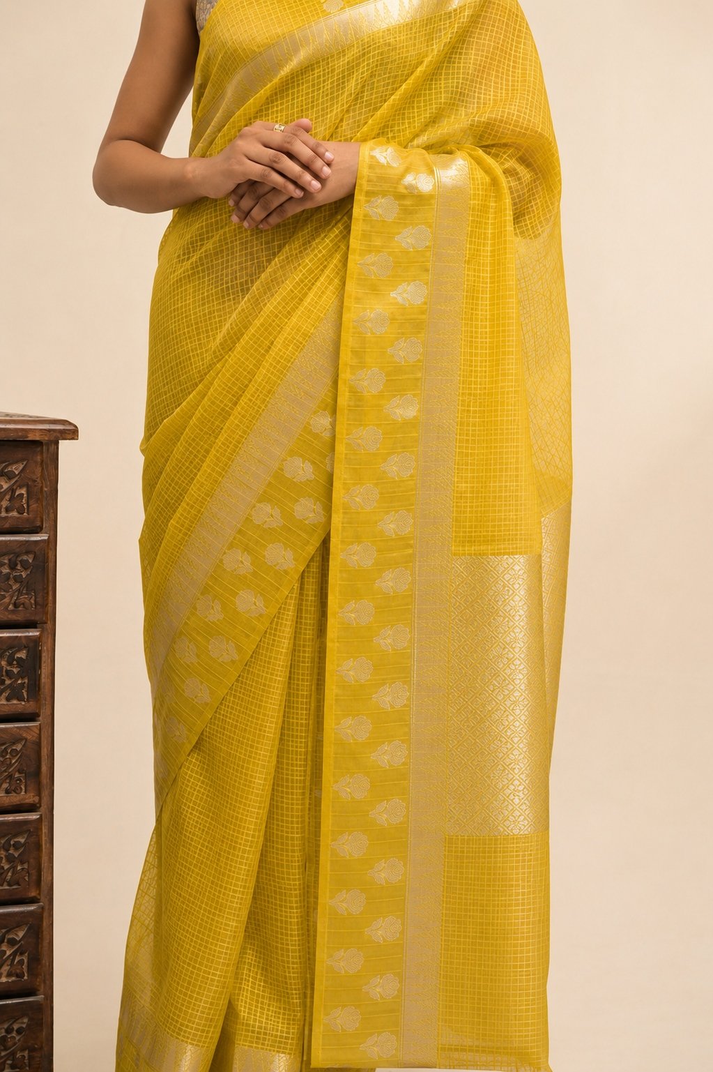 Elegant Check Pattern Mustard Yellow  Banarasi Kora Saree with Blouse