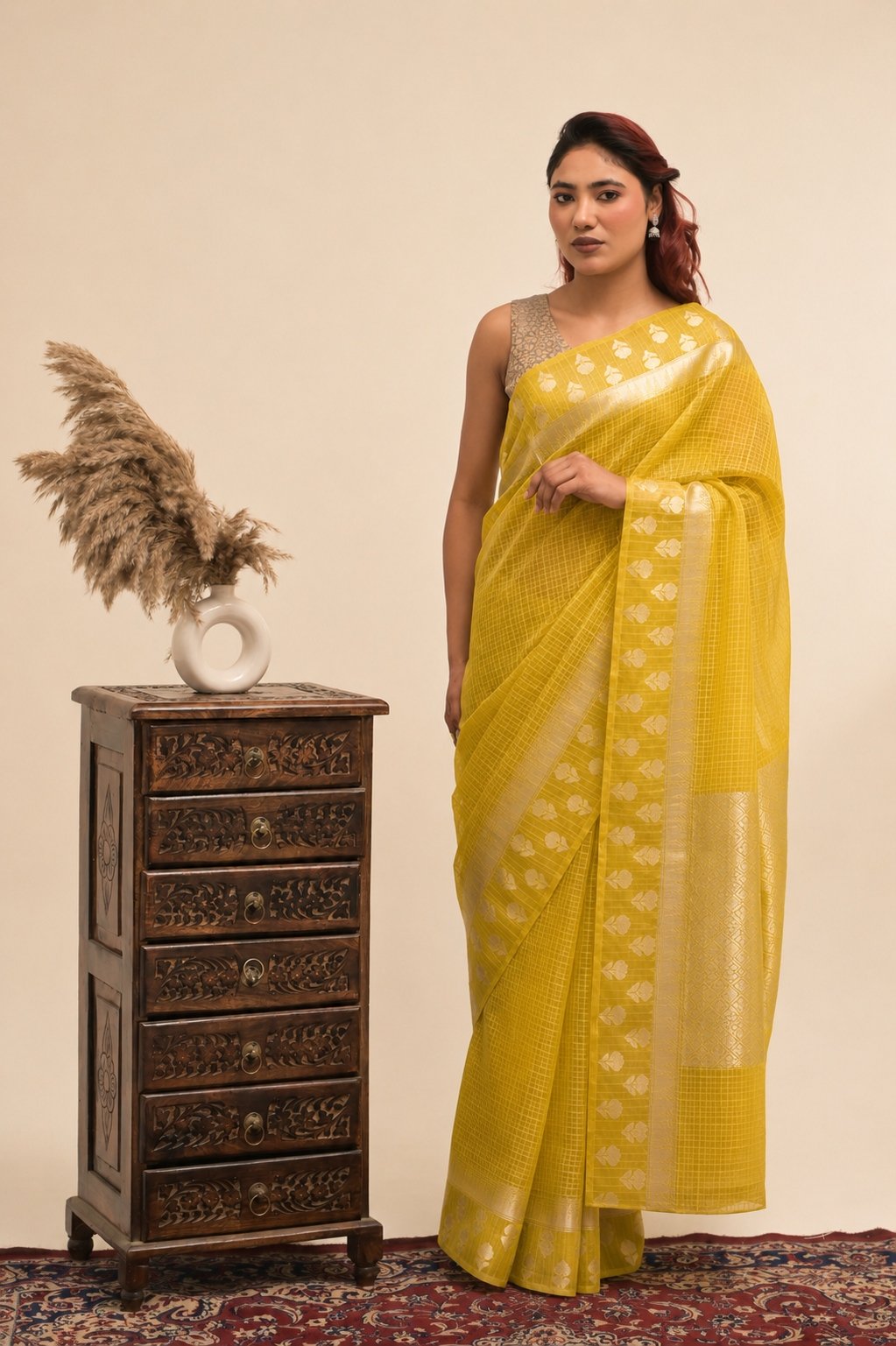 Elegant Check Pattern Mustard Yellow  Banarasi Kora Saree with Blouse