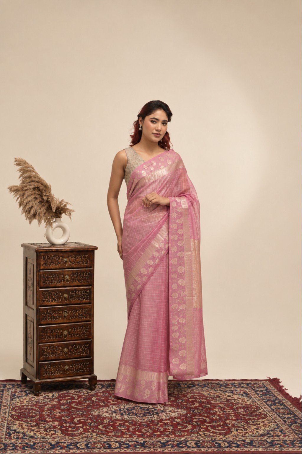 Elegant Check Pattern Rose Pink  Banarasi Kora Saree with Blouse