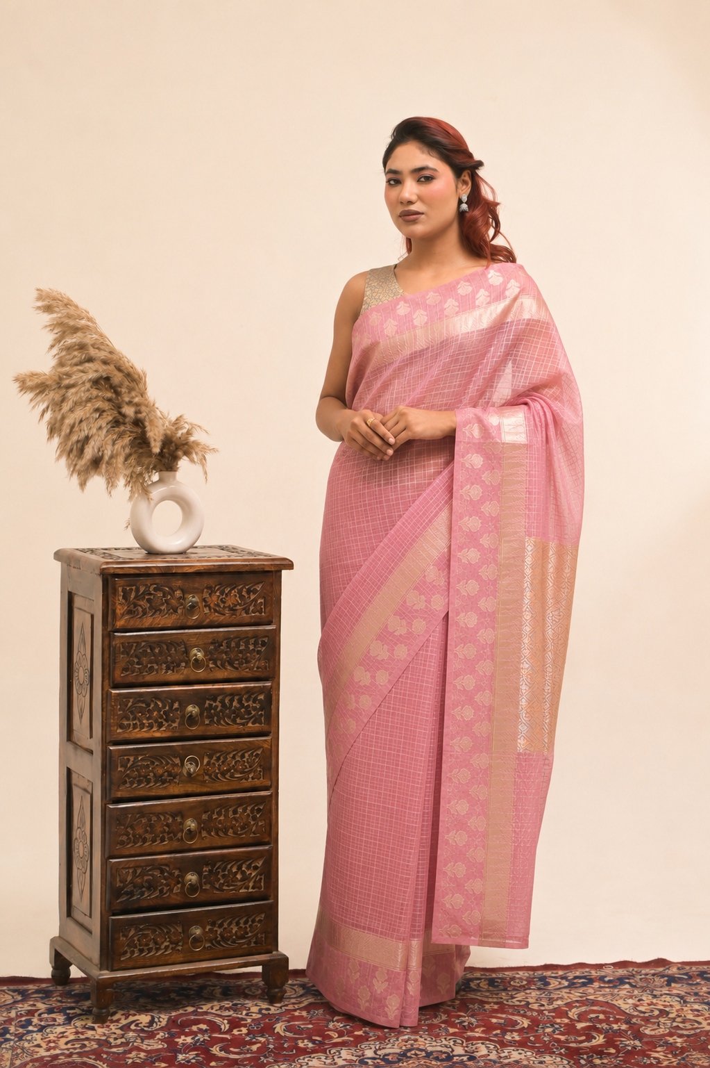 Elegant Check Pattern Rose Pink  Banarasi Kora Saree with Blouse