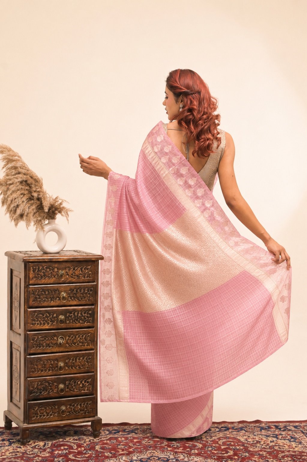 Elegant Check Pattern Rose Pink  Banarasi Kora Saree with Blouse