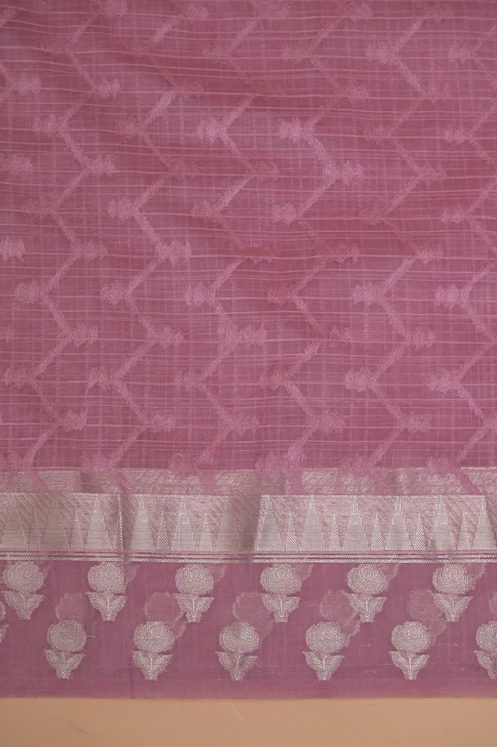 Elegant Check Pattern Rose Pink  Banarasi Kora Saree with Blouse