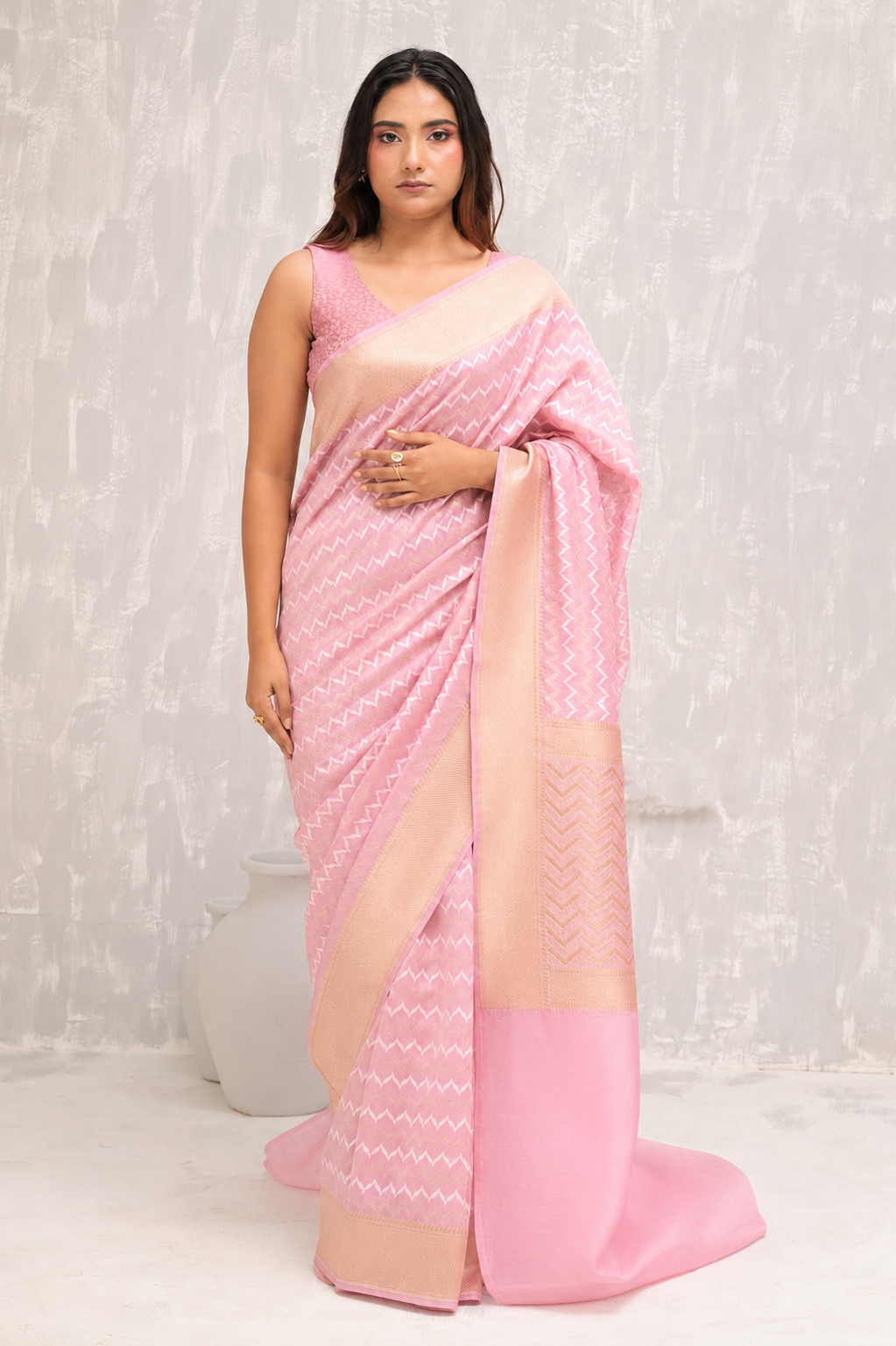 Emerald Green Chanderi Silk Jamdani Saree with Golden Chevron Weave All-Over  & Handwoven Heritage Luxury Saree
