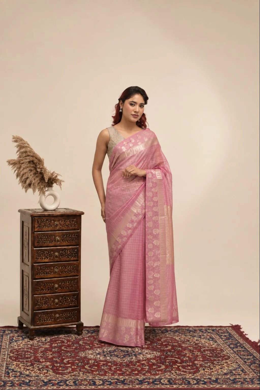 Elegant Check Pattern Rose Pink  Banarasi Kora Saree with Blouse