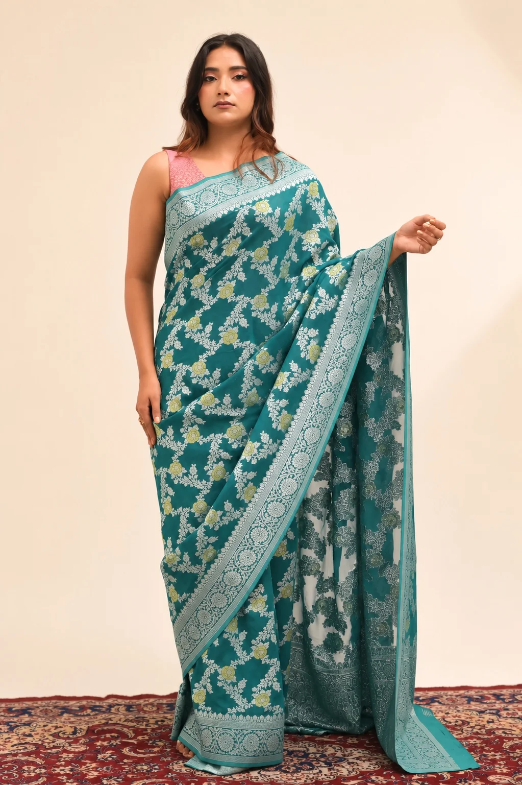 Teal Blue Pure Banarasi  Khaddi Georgette Saree With Floral Buti Design Blouse